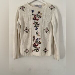 Vintage cottagecore Blair Cream Sweater with Multicolor Floral Embroidery cotton